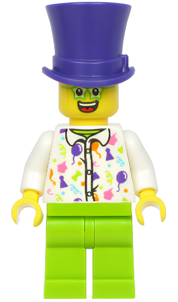 Минифигурка Lego Birthday Party Guest, Dark Purple Top Hat, Green Glasses, White Shirt, Lime Legs hol197